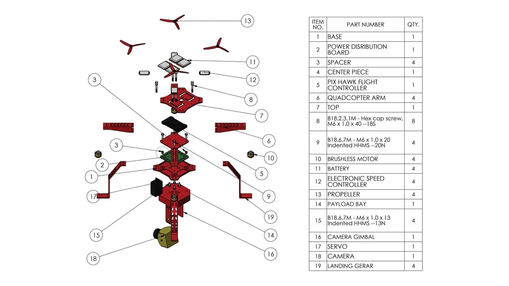 Exploded SolidWorks assembly drawing labeling the quadcopter components