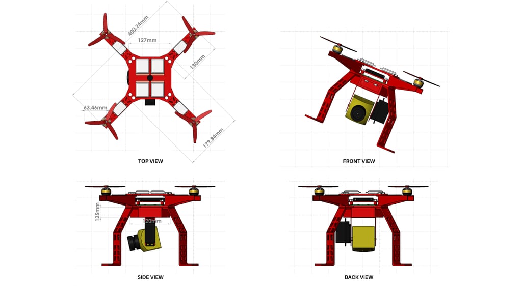 SolidWorks quadcopter CAD drawing showing top, front, side, and back views