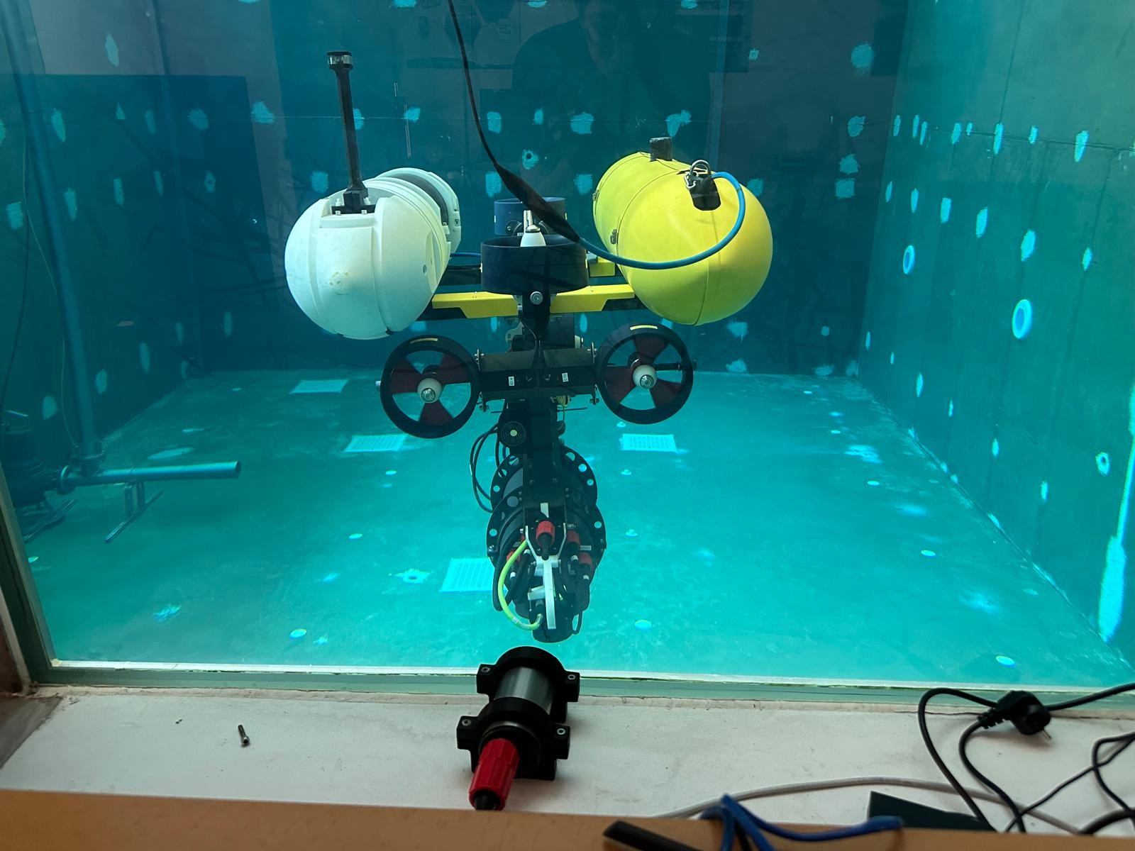 Underwater robot positioned in a test tank